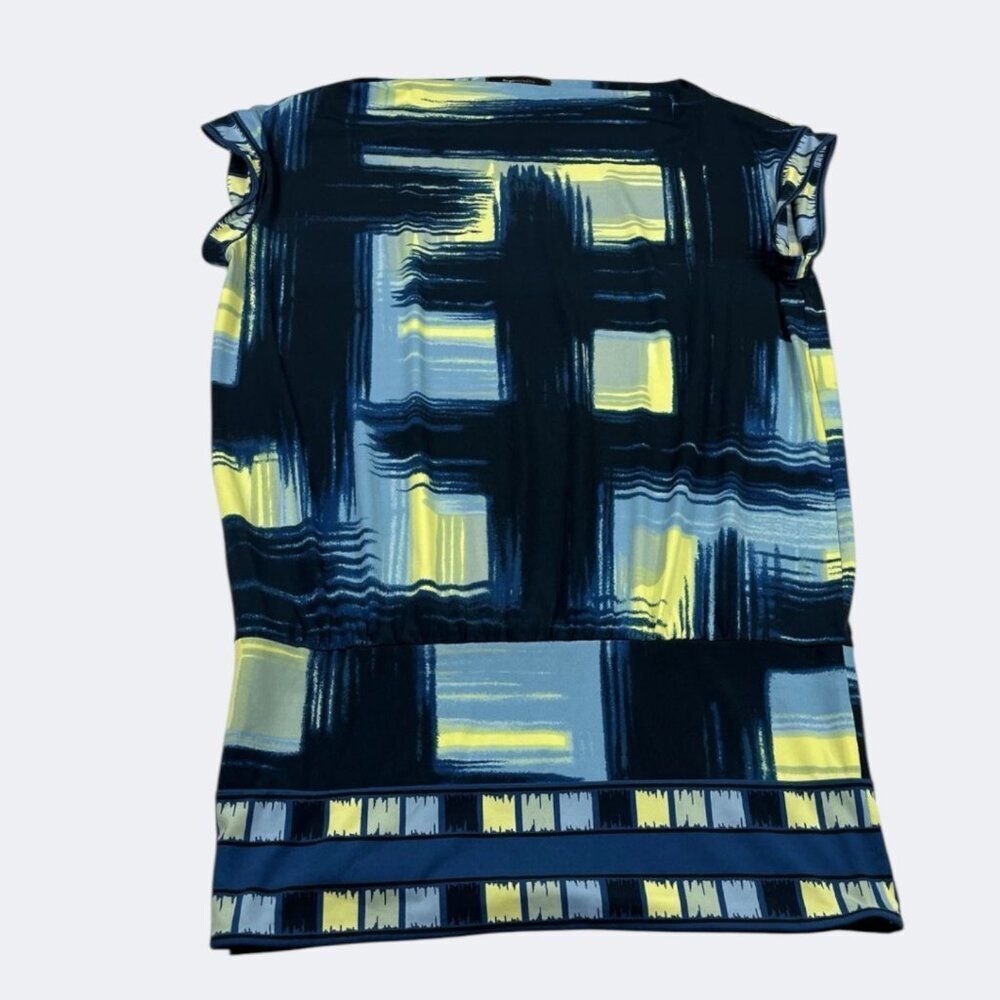 BCBGMaxAzria Blue Yellow Abstract Print Sheath Dress M Artsy Mod Sleek Casual